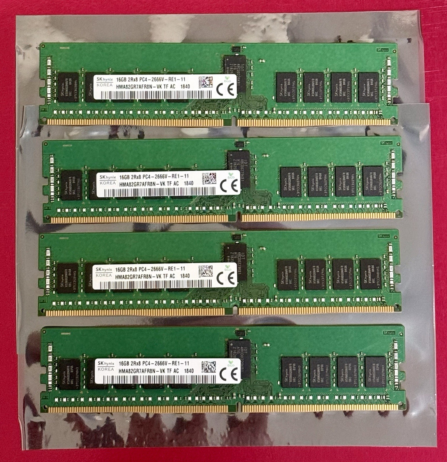 Lot of 4x SK HYNIX 16GB 2RX8 PC4-2666V DDR4 MEMORY RAM (HMA82GR7AFR8N-VK)