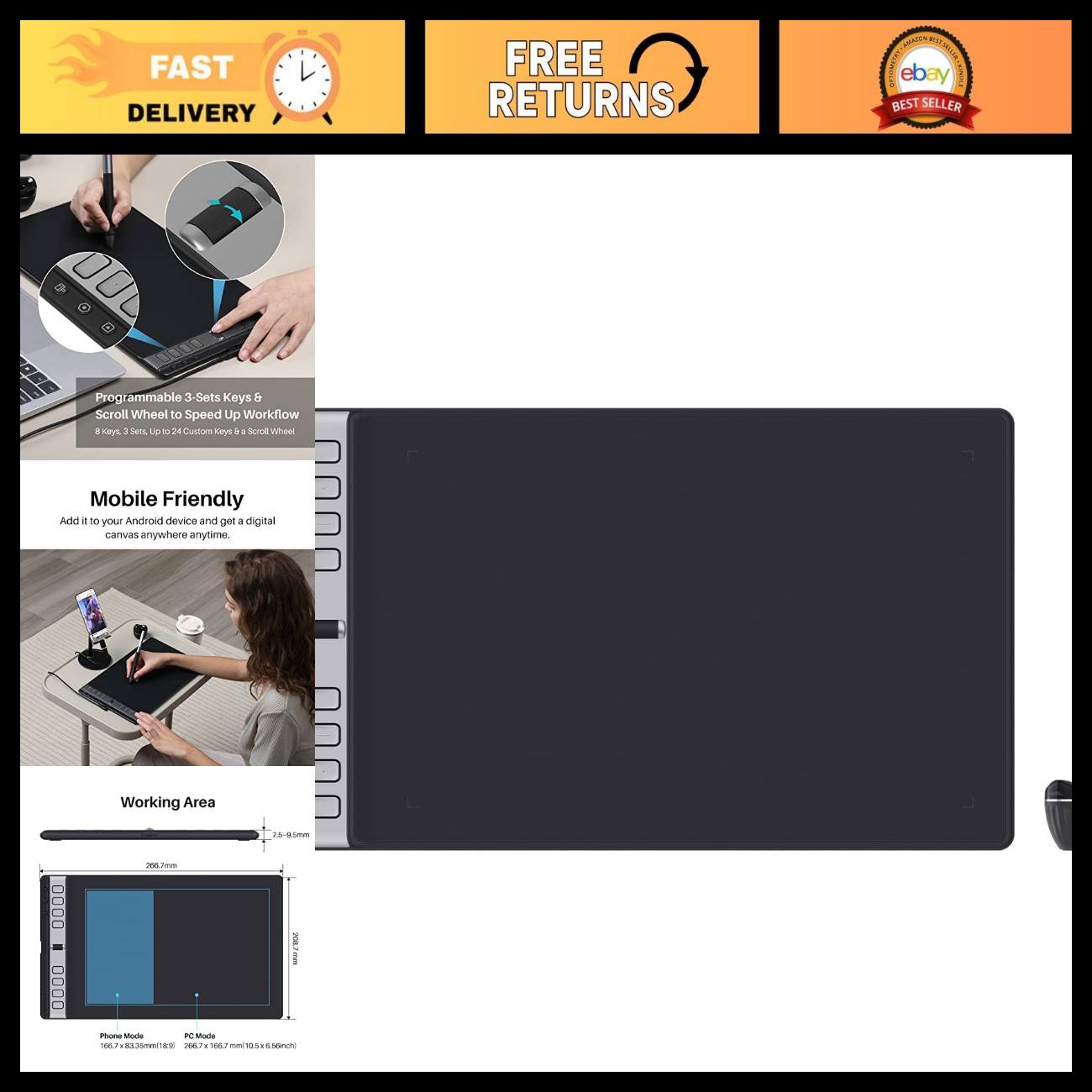 Large Drawing Tablet with 8 Custom Express Keys, Pressure Sensitivity, USB-C Con