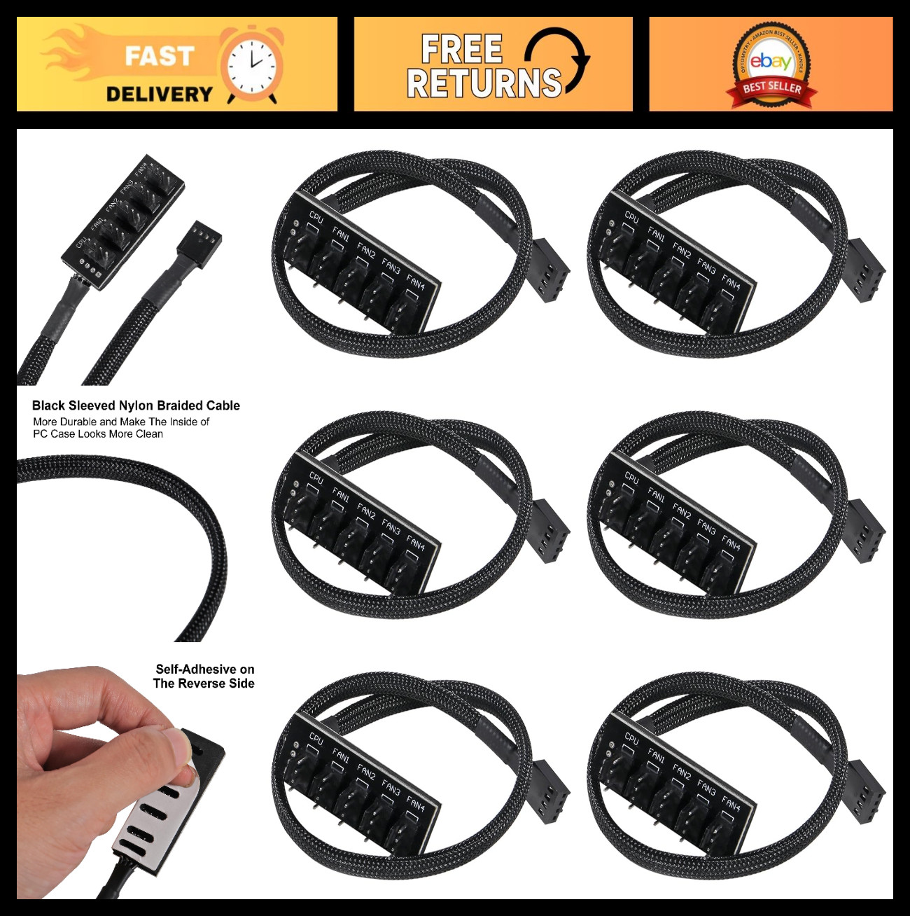6-Pack 4-Pin PWM Fan Hub Splitter Cable for PC Cooling - ATX 1 to 5 Way Extensio