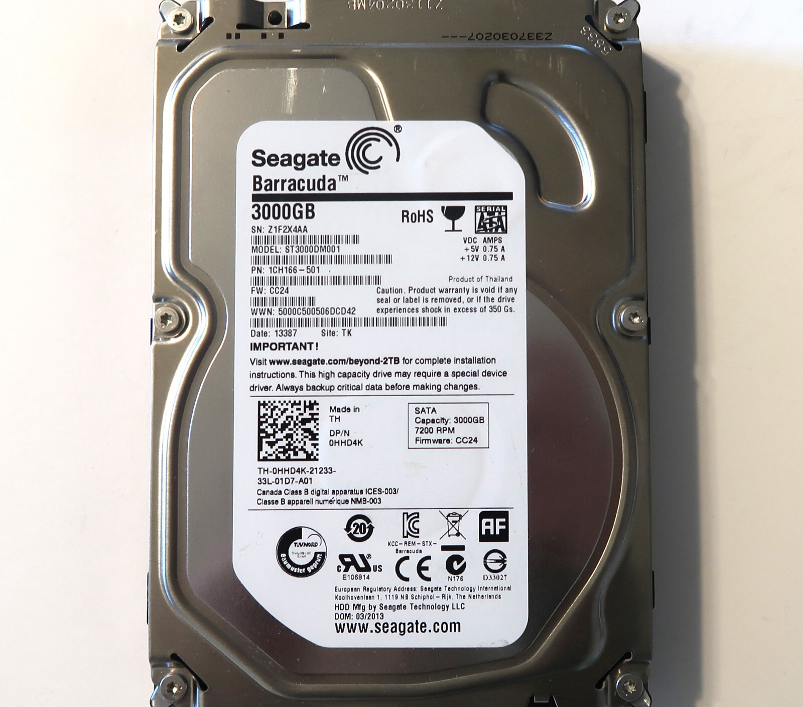 Seagate ST3000DM001 1CH166-501 CC24 TK Thailand (Z1F) 3TB 3.5" Sata HDD 03/2013