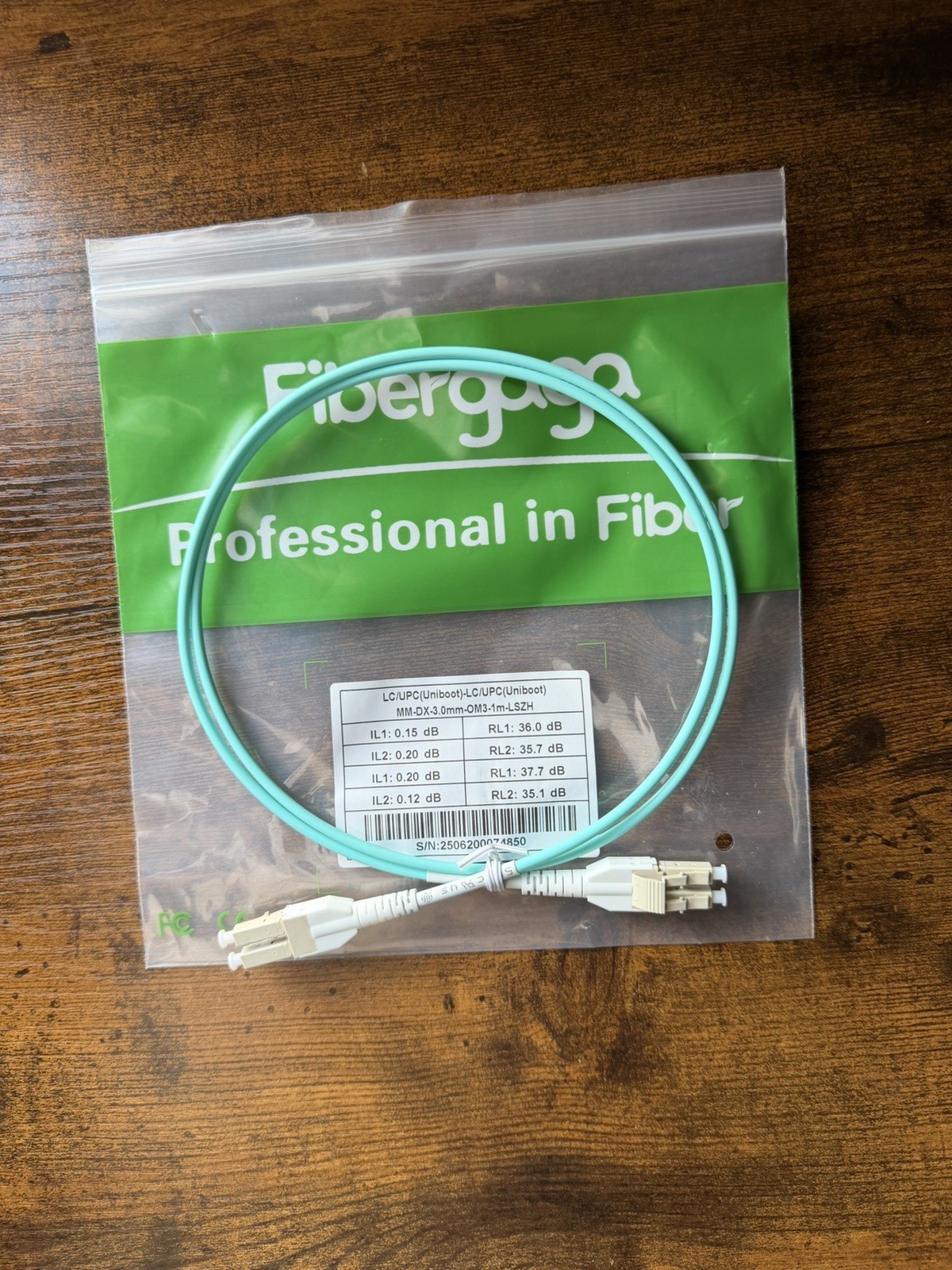 Fibergaga OM3 Duplex LC to LC Fiber Optic Patch Cable 1m Aqua LSZH (pack of 5)
