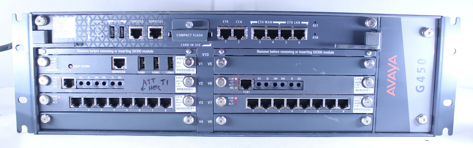 Avaya G450 Media Gateway with 1x S8300, 2x MM710B, 2x MM711, MB450, 2x PS4504