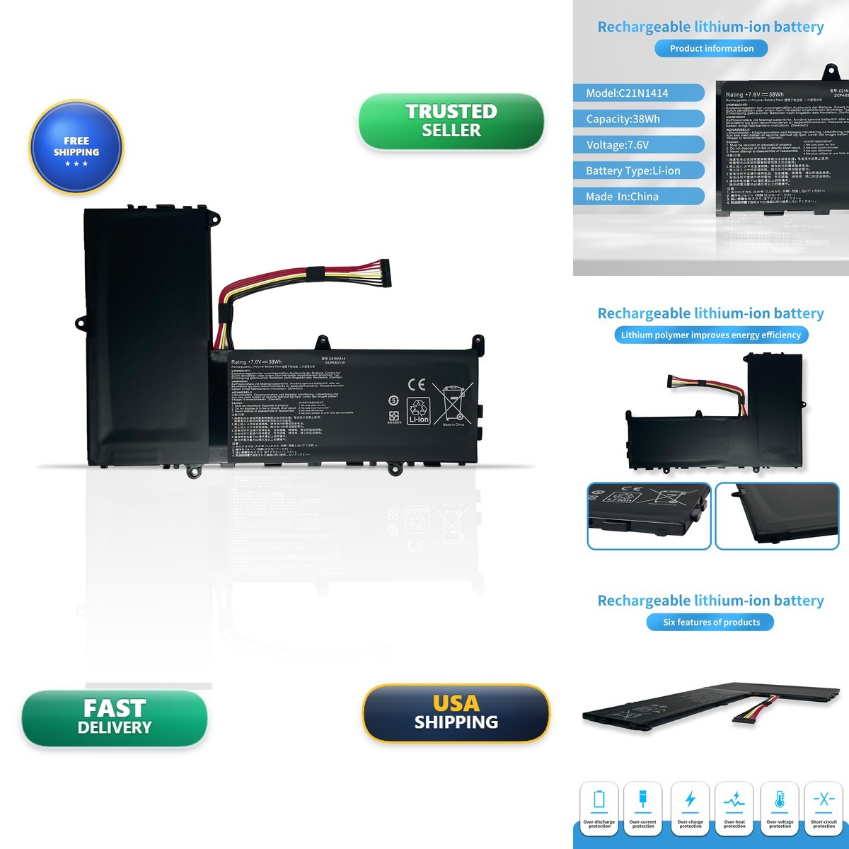 Hubei C21N1414 Laptop Battery for ASUS EeeBook X205TA F205TA 11.6" (7.6V 38wh)
