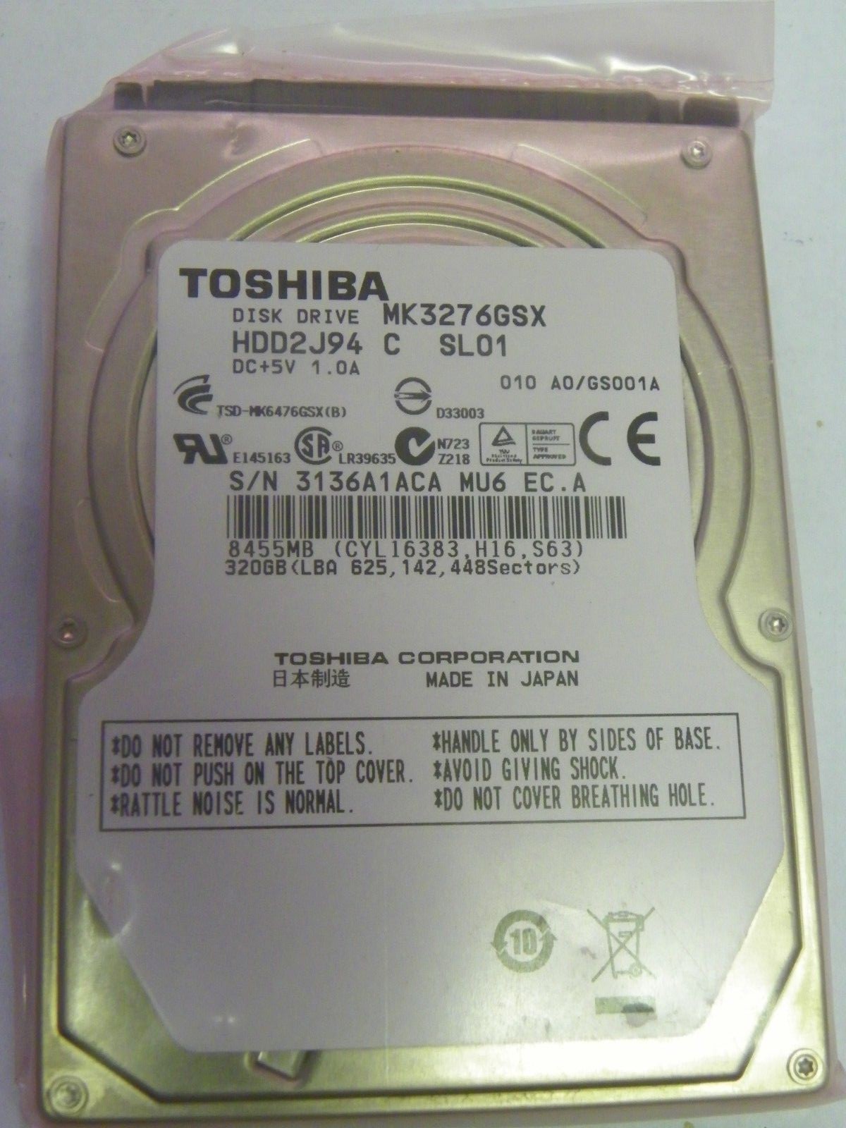 Toshiba MK3276GSX (HDD2J94 C SL01) 010 A0/GS001A Laptop 320GB 2.5" SATA HDD