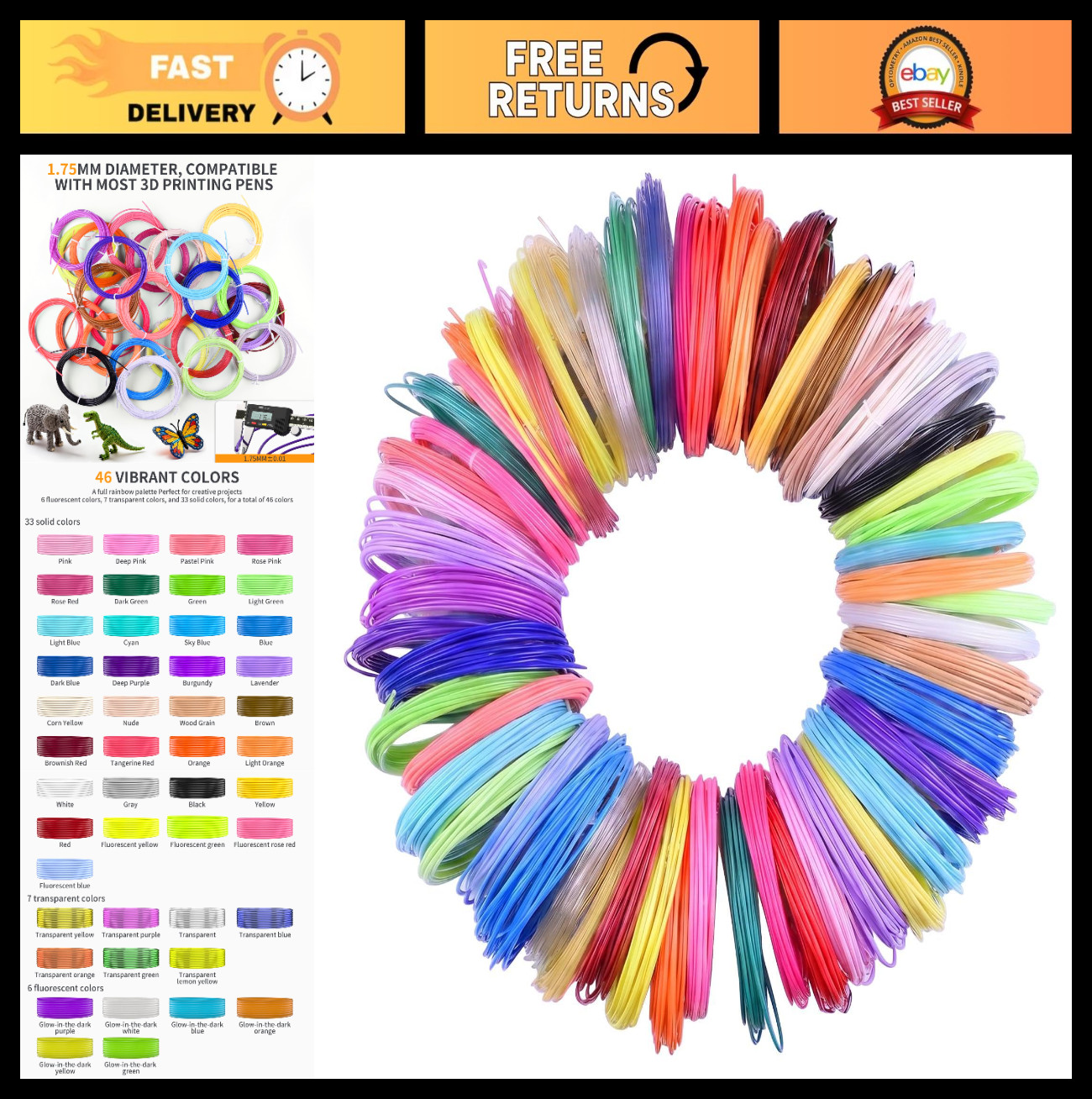 46 Colors 3D Pen Filament Refill 1.75mm, 754ft Total, DIY Art & Crafts Supplies