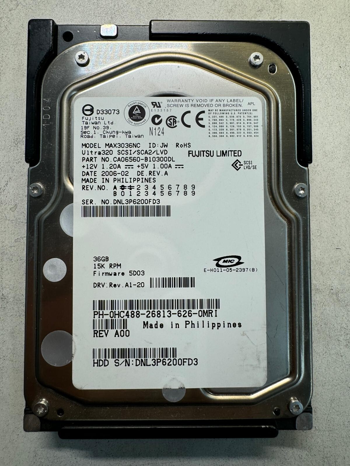 FUJIKURA CA06560-B10300DL MAX3036NC 36GB 15K RPM FW 5D03 DRV A1-20 Ultra320 3.5"