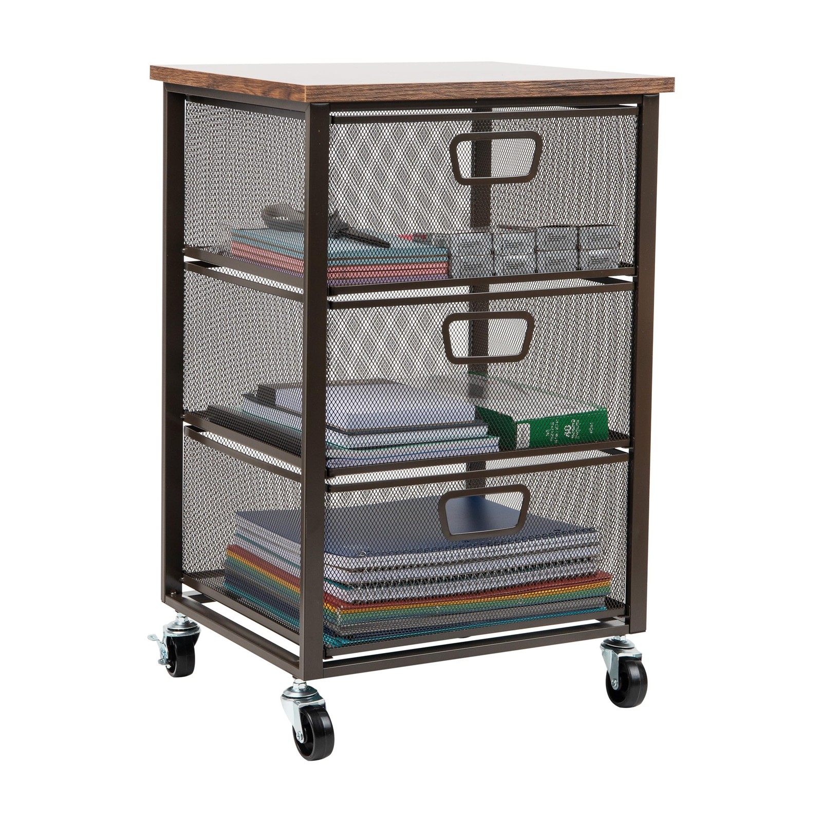 Storage Organizer 3 Drawer Rolling Cabinet Metal Mesh Black Mind Reader Wood