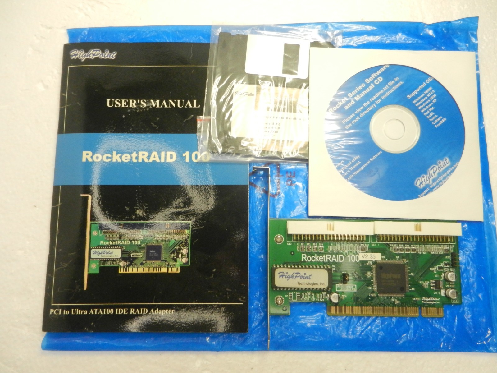 HighPoint 2-Port IDE Rocket Raid 100 ROCKETRAID + CD/Floppy Drivers DISCS 