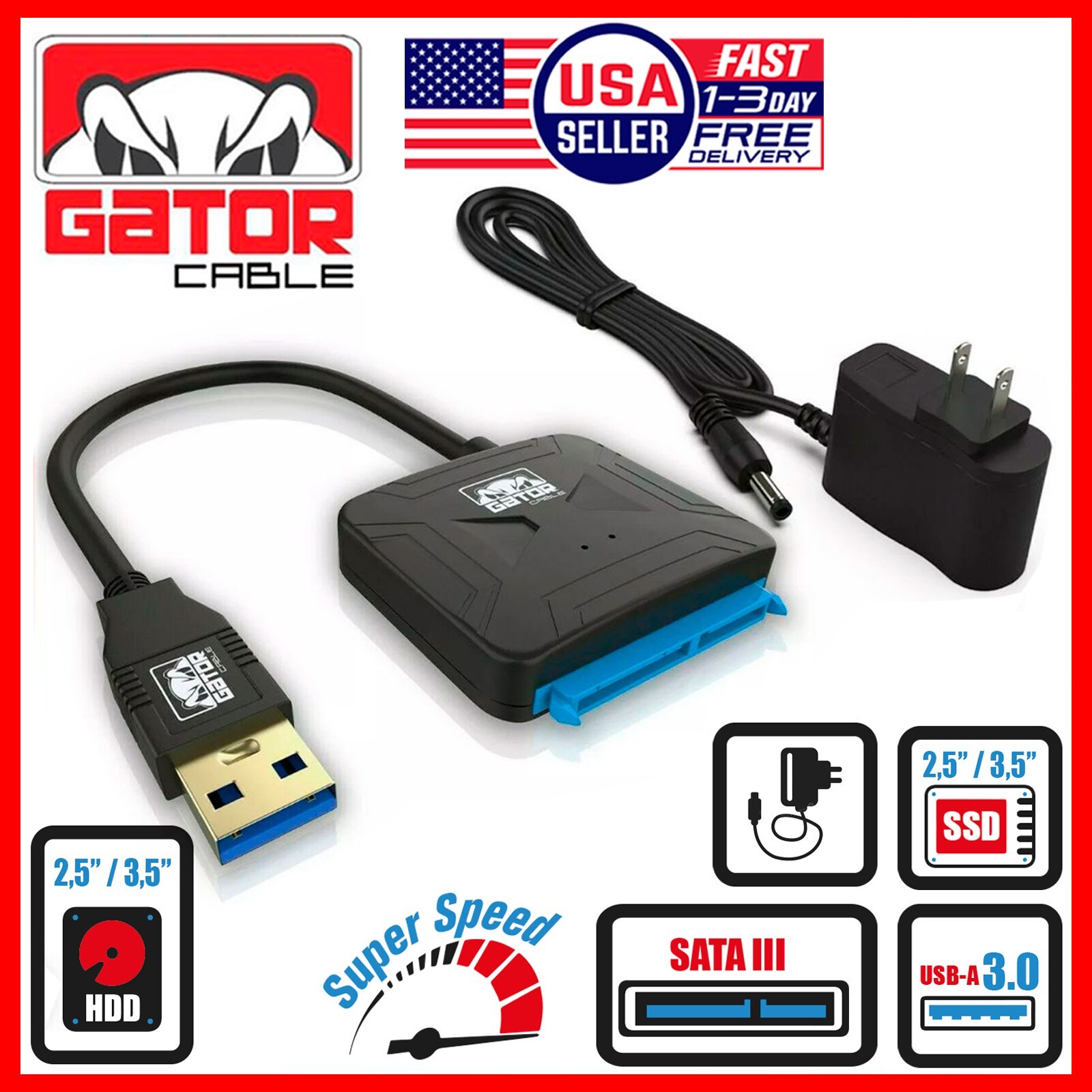USB 3.0 to SATA Adapter for Hard Drive 2.5" 3.5" HDD SSD with 12V 2A Power