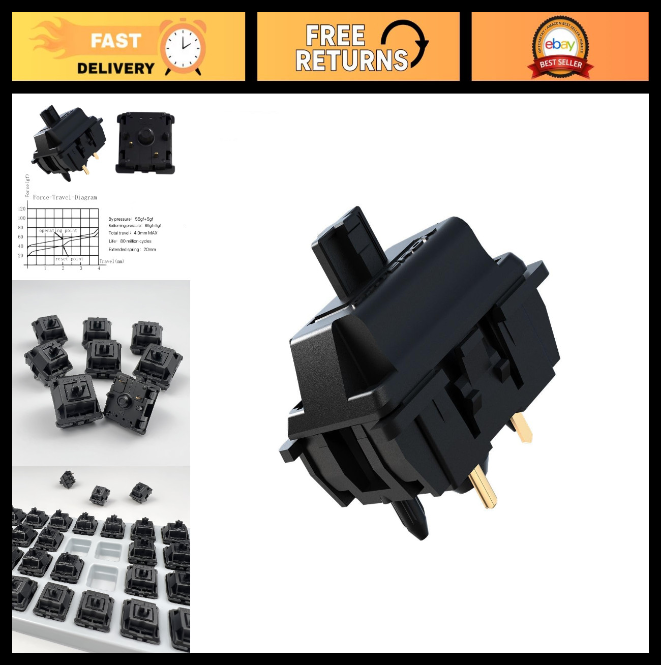 Pre-Lubed Linear Keyboard Switches - Gateron Oil King V2, 90 Pcs for Gaming & Ty