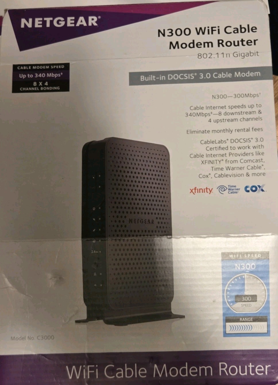 NETGEAR C3000 N300 WiFi Cable Modem Router DOCSIS 3.0 + Coax + Ethernet Tested 