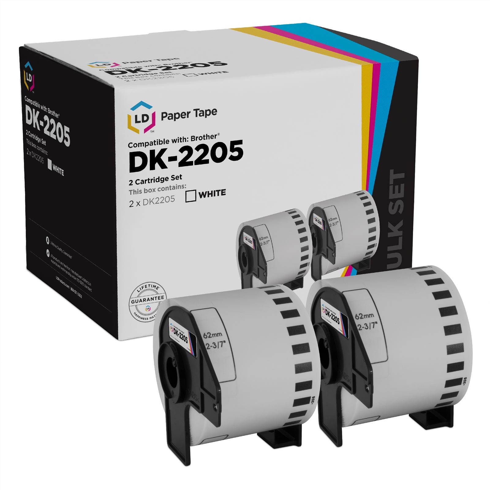 White Paper Tape for Brother DK-2205 (2.4 inch x 100 feet, White, 2-Pk)