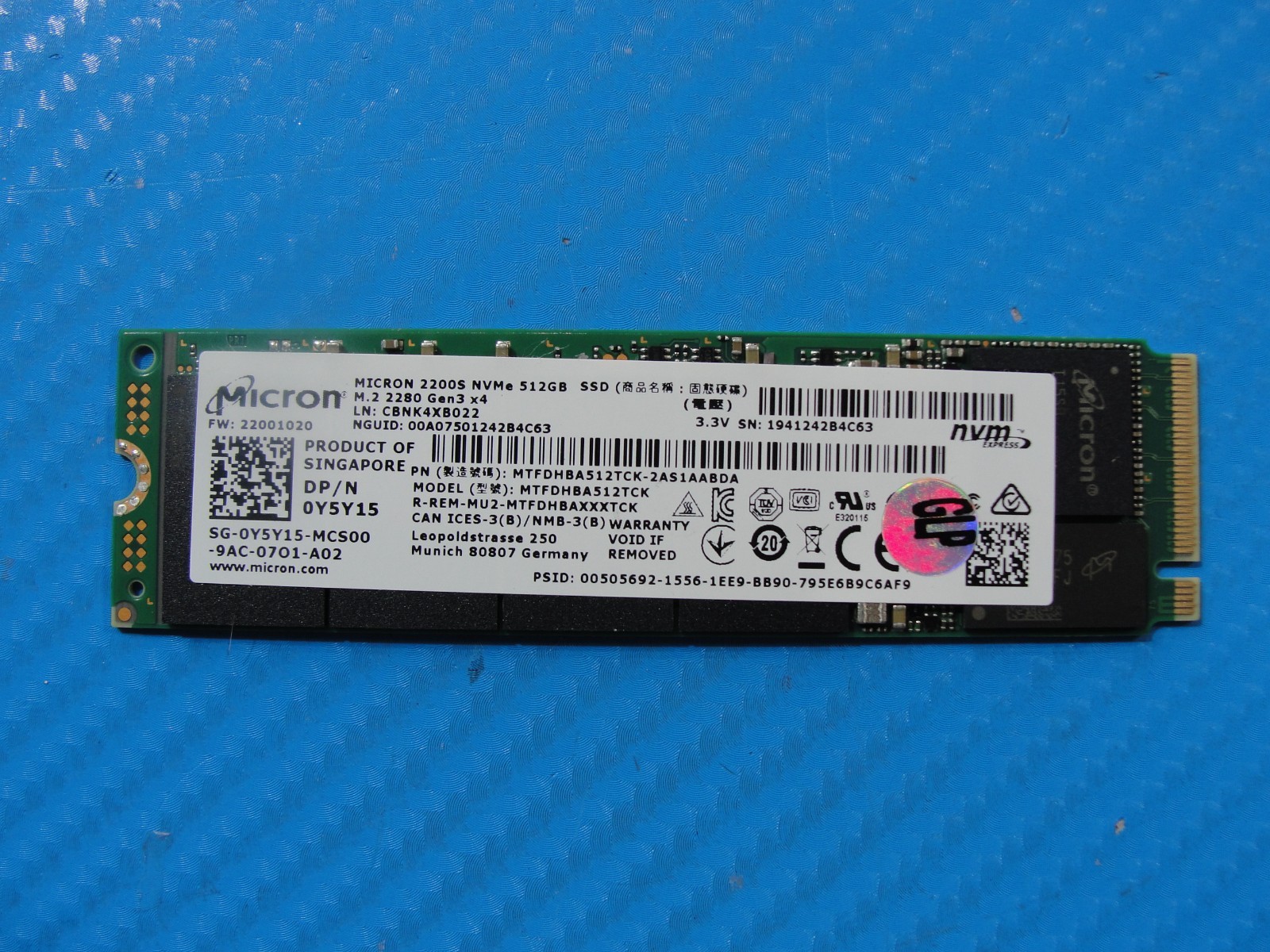 Dell 7400 Micron 512GB NVMe M.2 SSD Solid State Drive MTFDHBA512TCK-2AS1AABDA