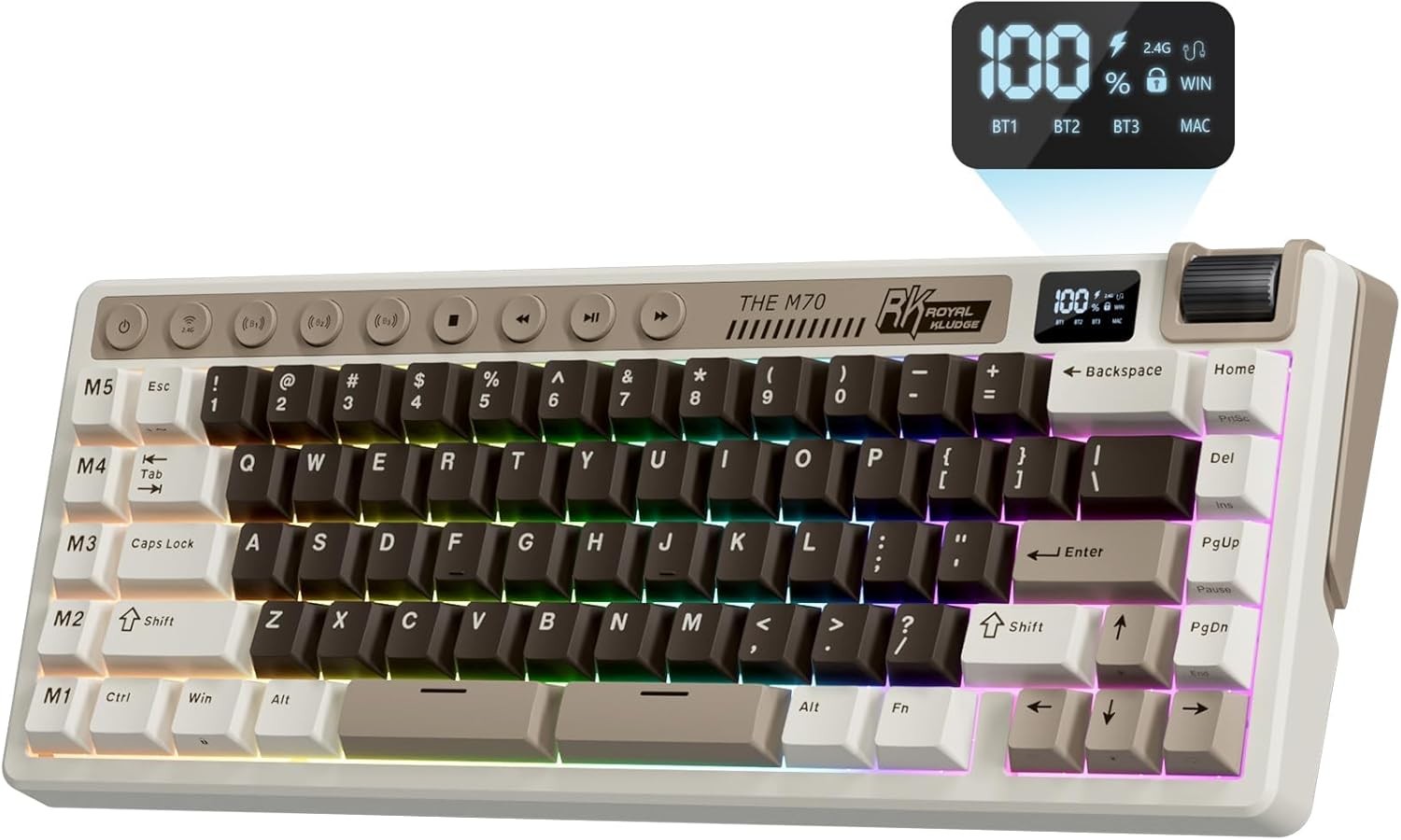RK ROYAL KLUDGE M70 Wireless Mechanical Keyboard Linear Cream Switch, Brown 