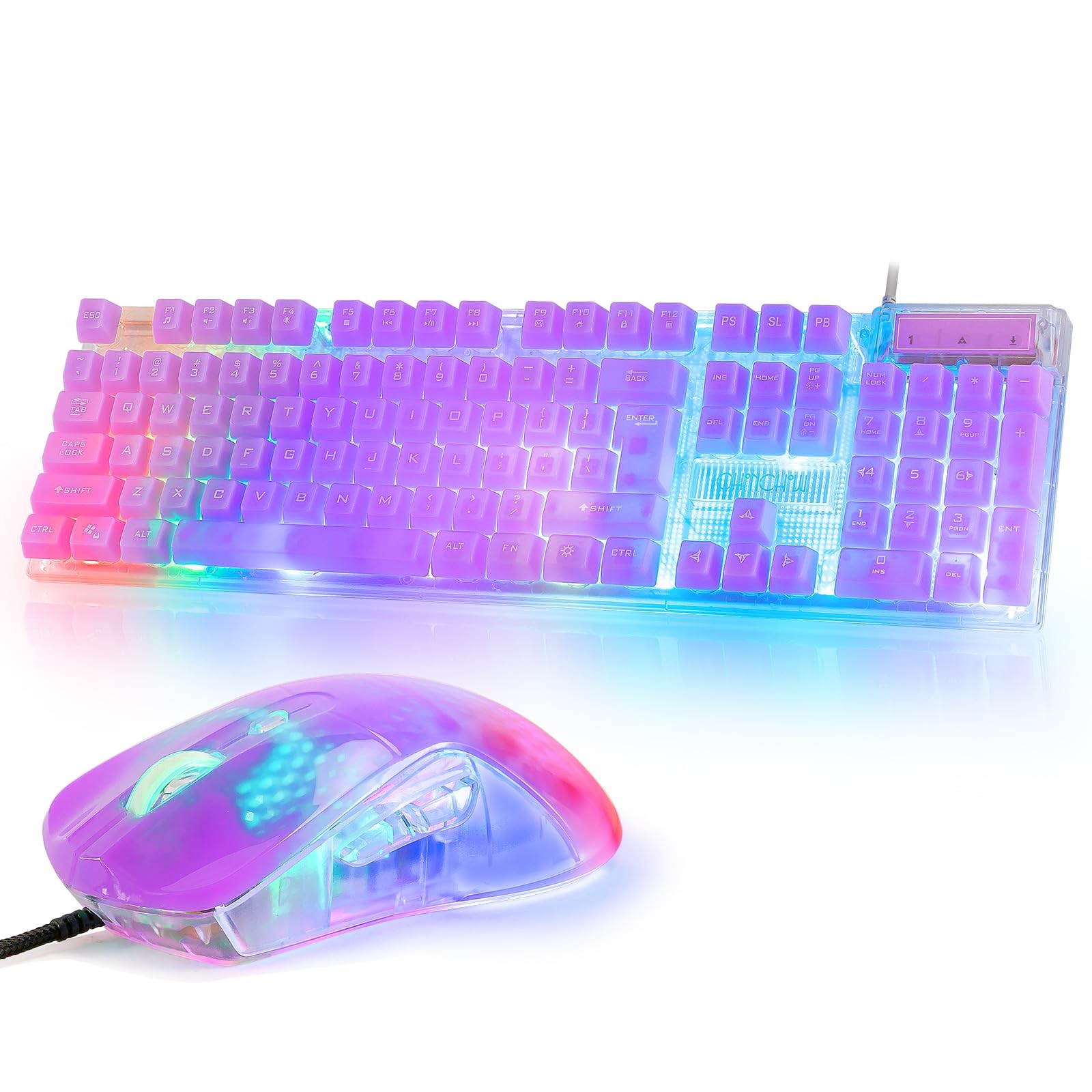 CHONCHOW RGB Gaming Keyboard and Mouse Combo,USB Wired Custom Clear Purple 