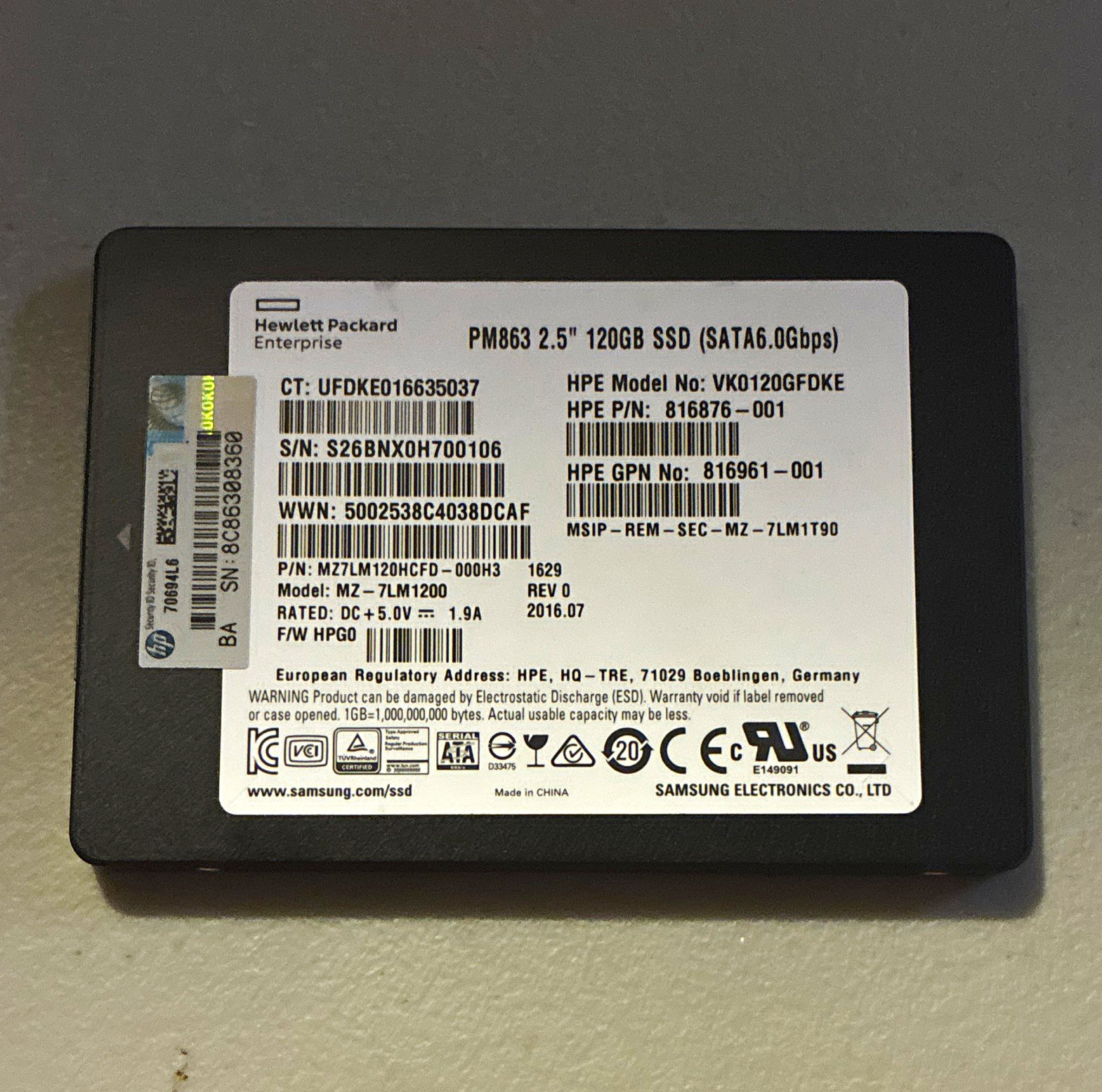 Hewlett Packard Enterprise PM863 120GB 2.5in SATA III Internal SSD VK0120GFDKE