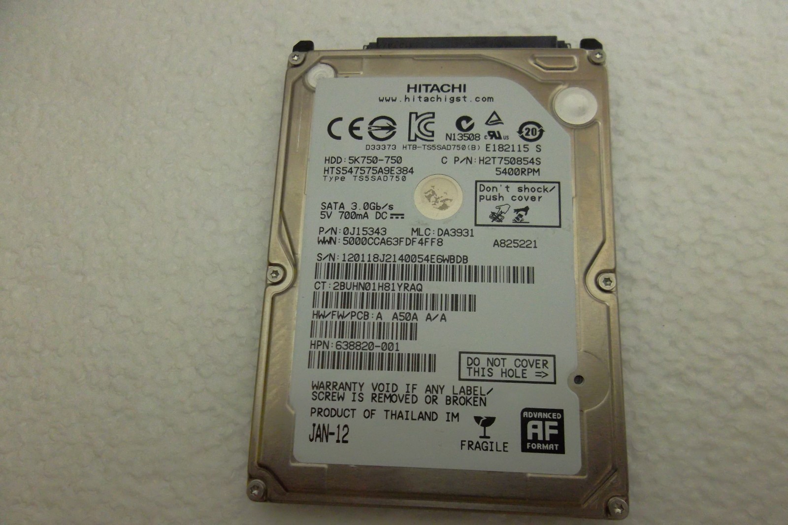 Hitachi 750GB Notebook SATA Drive 2.5" 5.4K 0J15343 638820-001 HTS547575A9E384