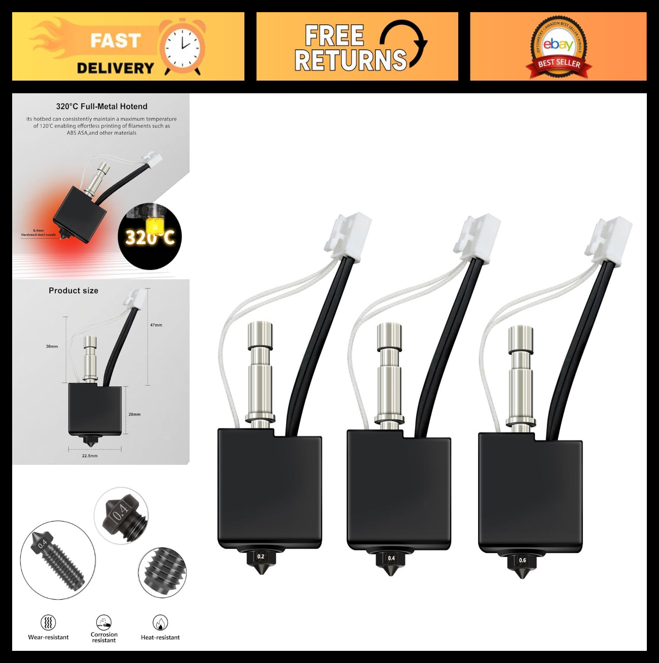3 Pack Hardened Steel Hotend Kit for 3D Printers - 0.2MM, 0.4MM, 0.6MM Nozzles,
