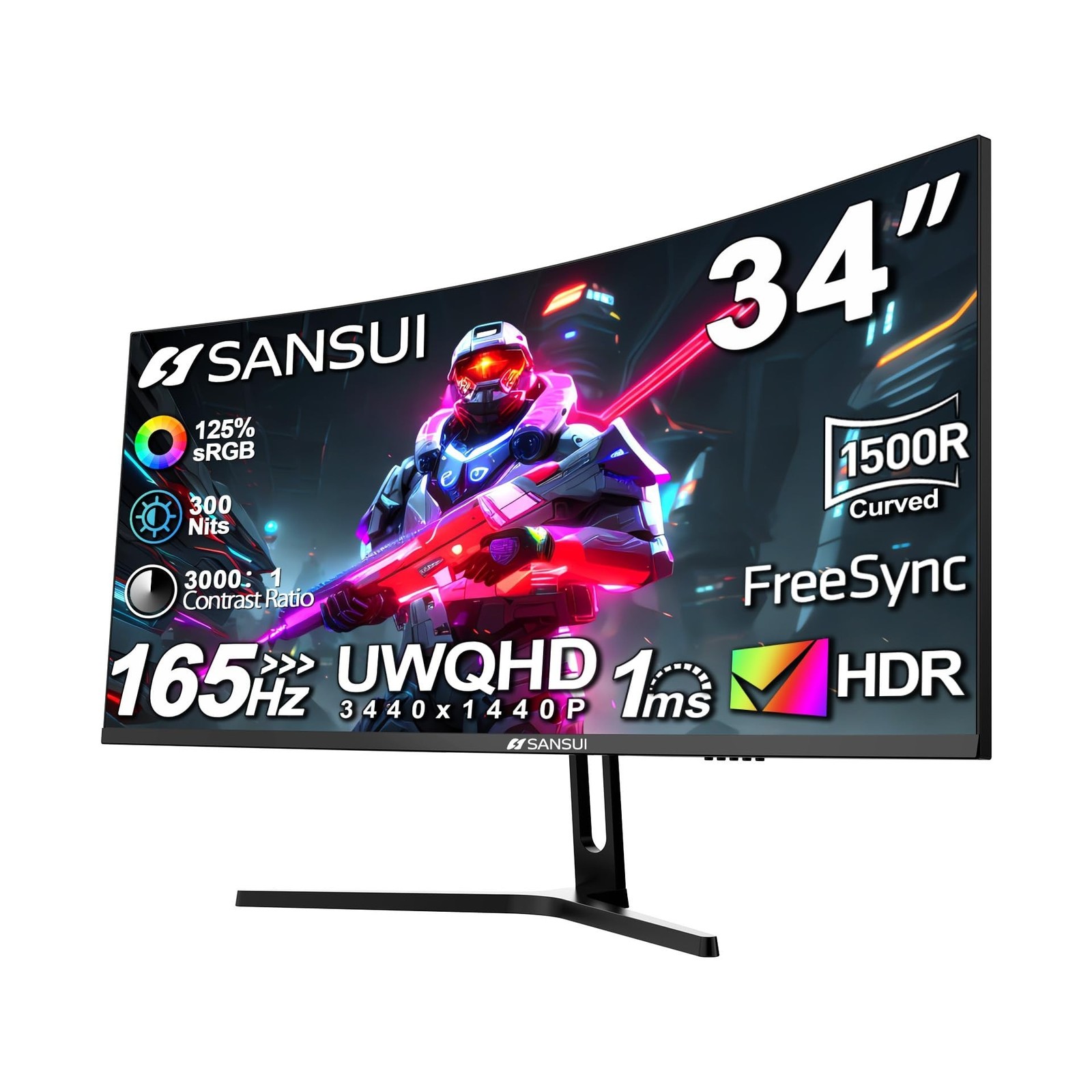 SANSUI 34-Inch Curved Gaming Monitor UWQHD 3440 x 1440 165Hz Curved 1500R - P...