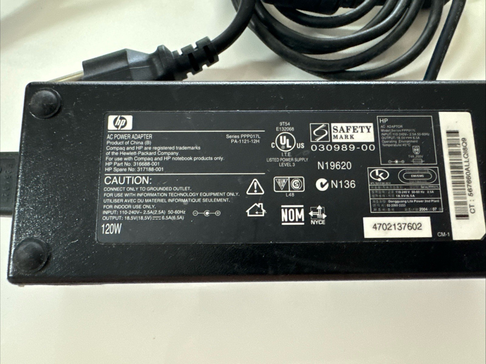  Genuine HP Compaq 120W AC Power Adapter PPP017L PPP017h 316688-001 317188-001