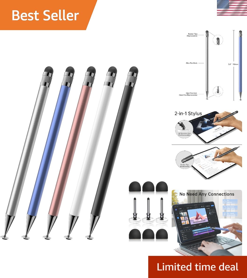 5-Pc 2-in-1 Stylus Pen Set for Touch Screens - High Precision & Sensitivity