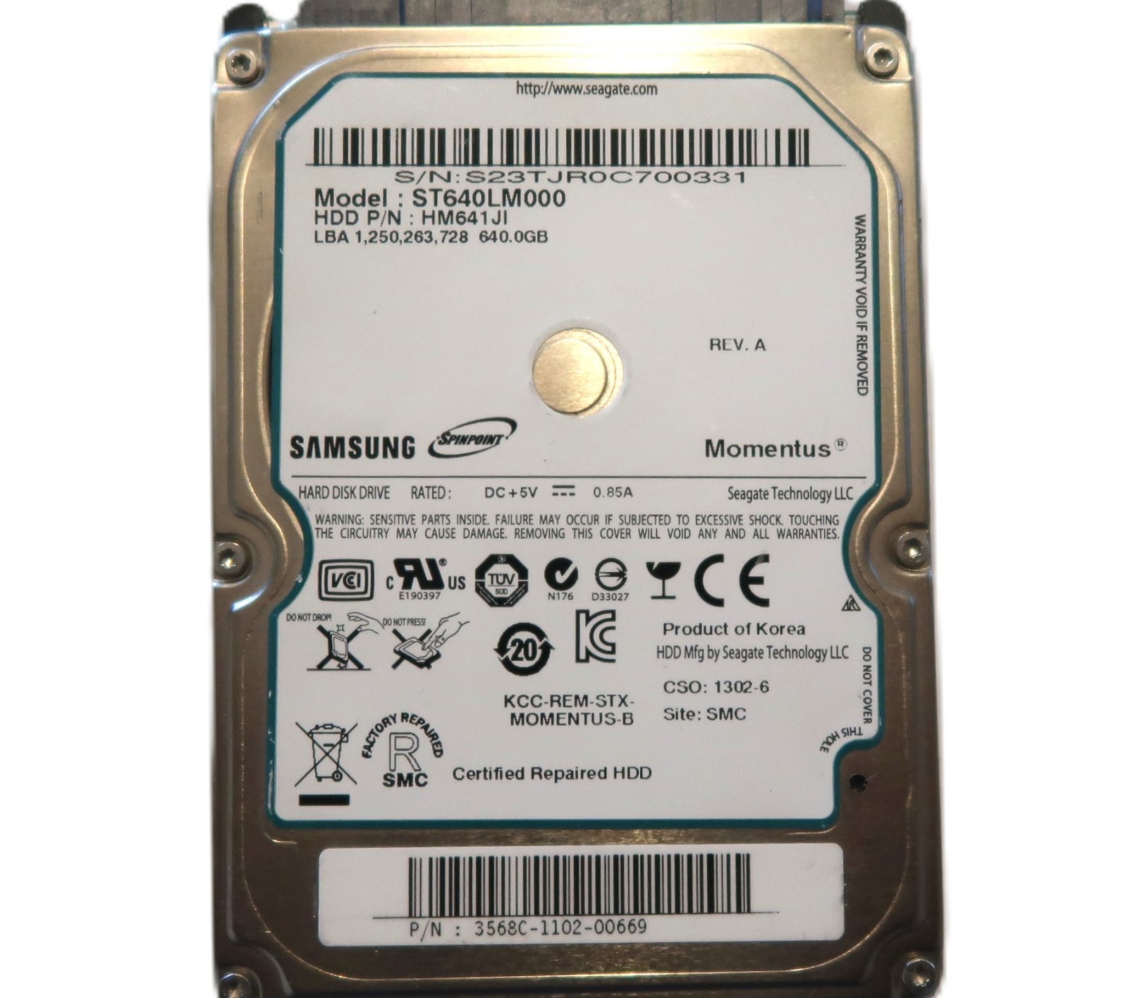 ST640LM000 HM641JI REVA (S23T) 3568C-1102-00669 Korea 2.5" 640gb Sata SMC 1302-6