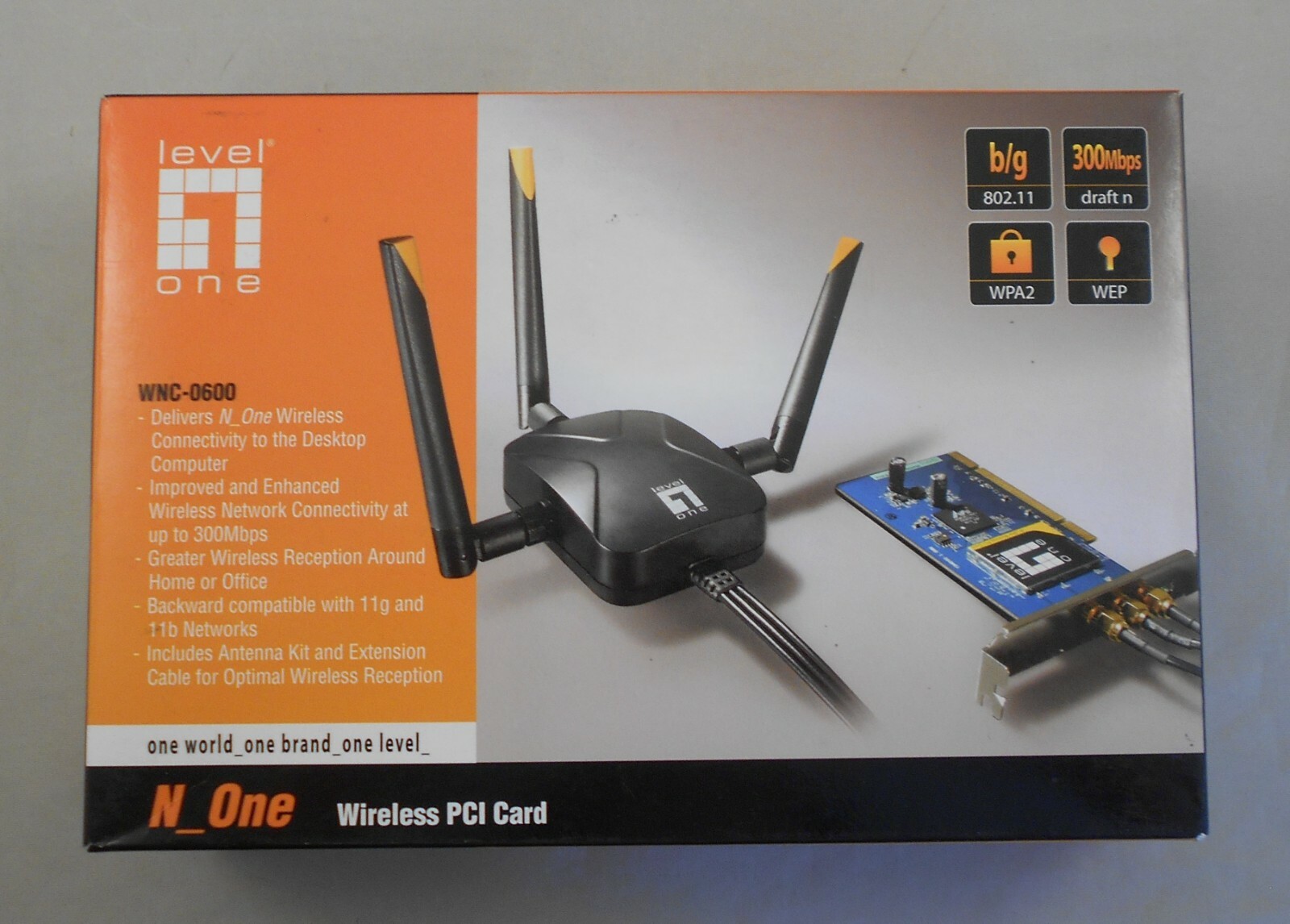 LevelOne WNC-0600 300Mbps N_One Wireless PCI Card with Extension Cable