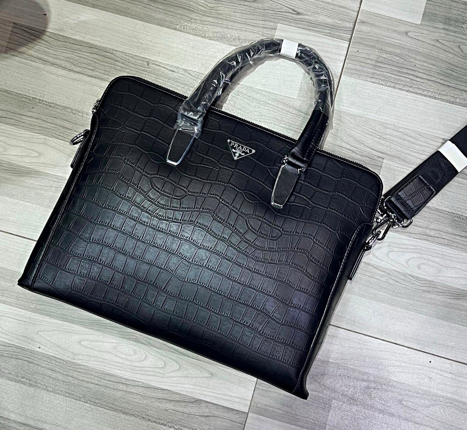 PRADA Black Leather Crocodile Print Laptop Briefcase Adjustable Strap 15 in