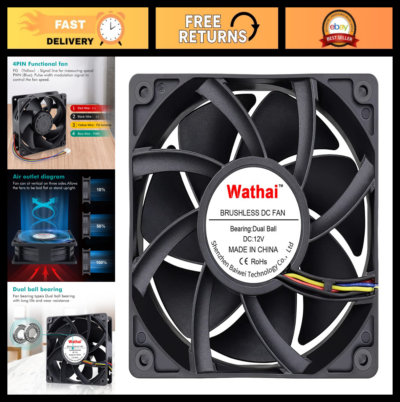 High CFM 120mm x 38mm PWM PC Case Fan 12V 4pin 5300rpm Big Airflow Cooling