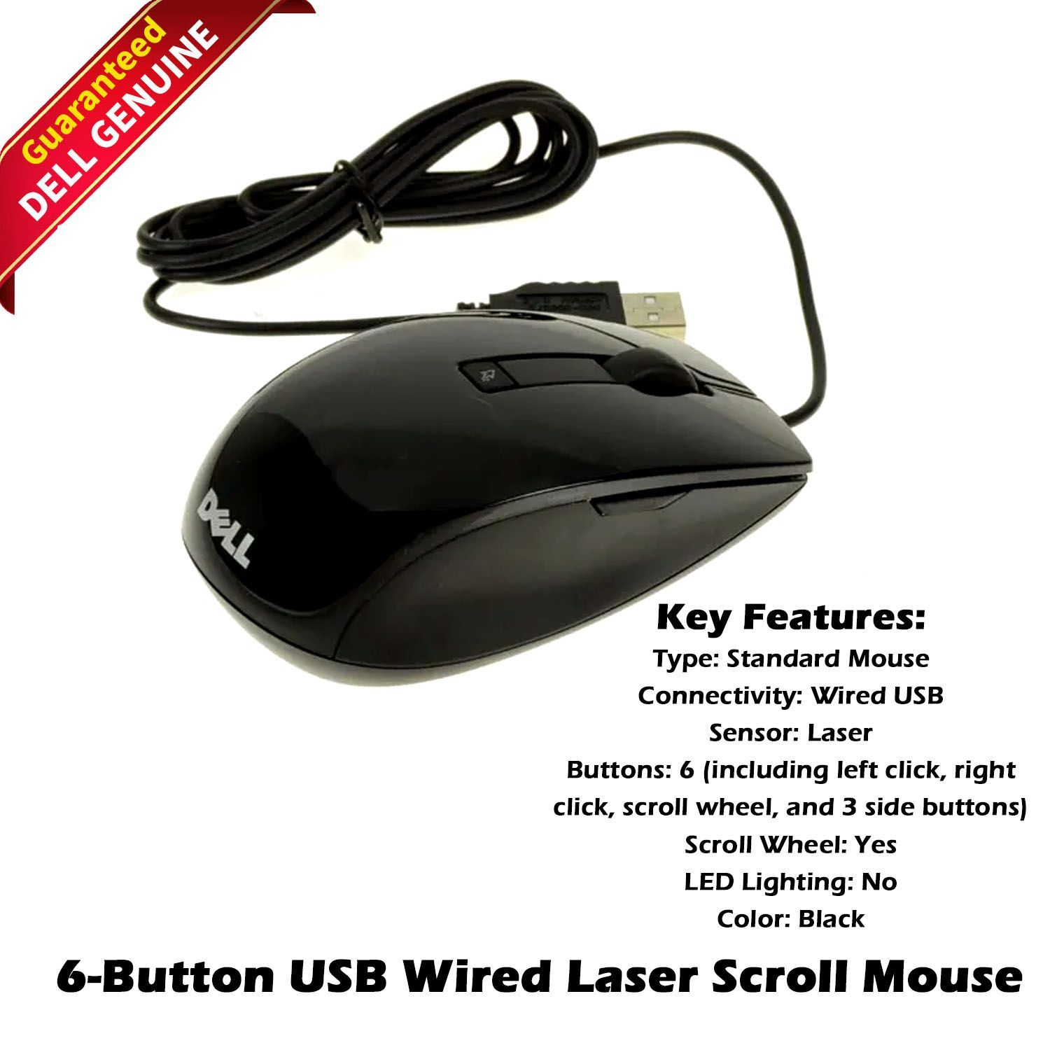 OEM Dell New Black Premium 6-Button USB Laser Scroll Mouse V7623 J660D