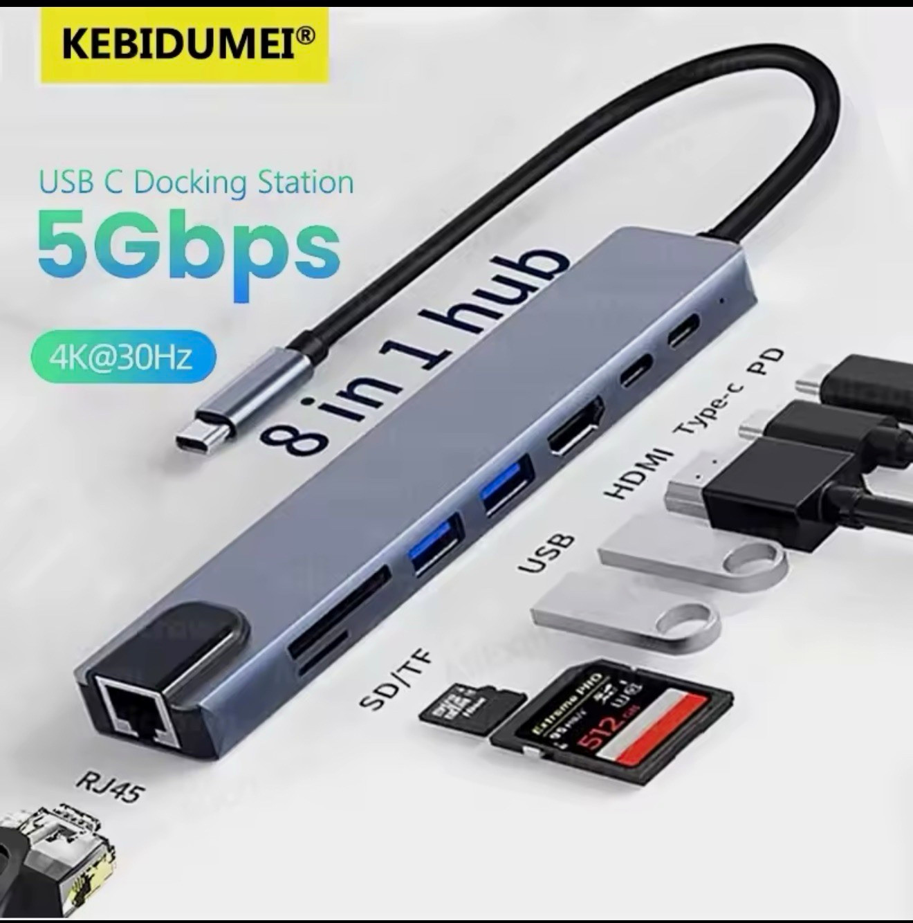 KEBIDUMEI 8-in-1 USB-C Docking Station HDMI RJ45 USB 3.0/2.0 SD/TF Gray