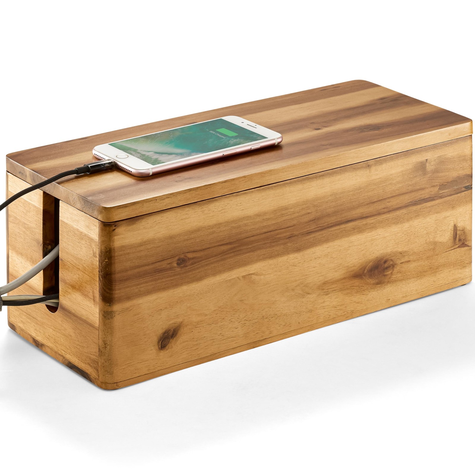TIDITA Acacia Wood Cable Management Box Round Edge - 16 L Wooden Cable Organi...