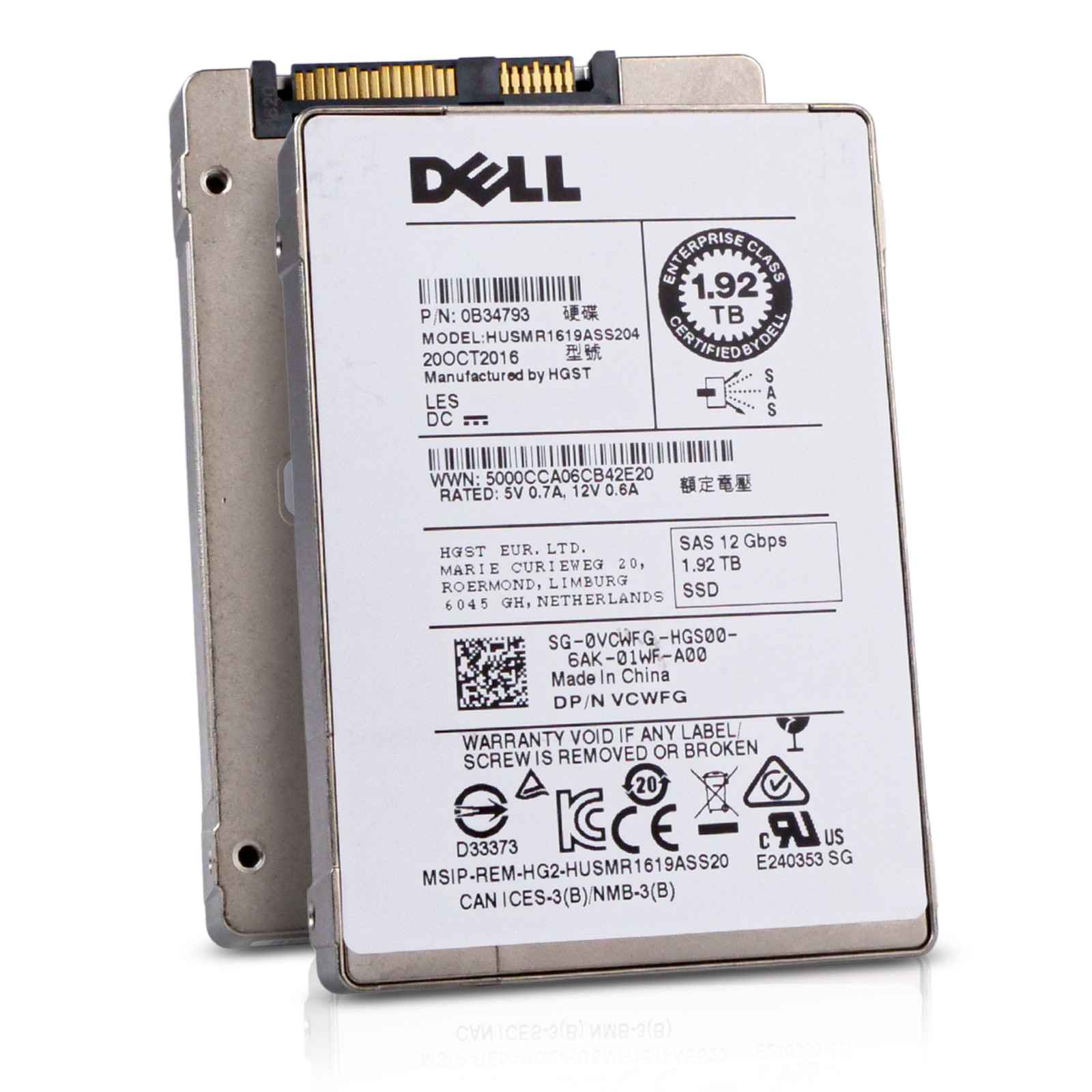 Dell/HGST 1.92TB HUSMR1619ASS204 0B34793 SAS 12Gb/s MLC 1 DWPD 2.5" SSD