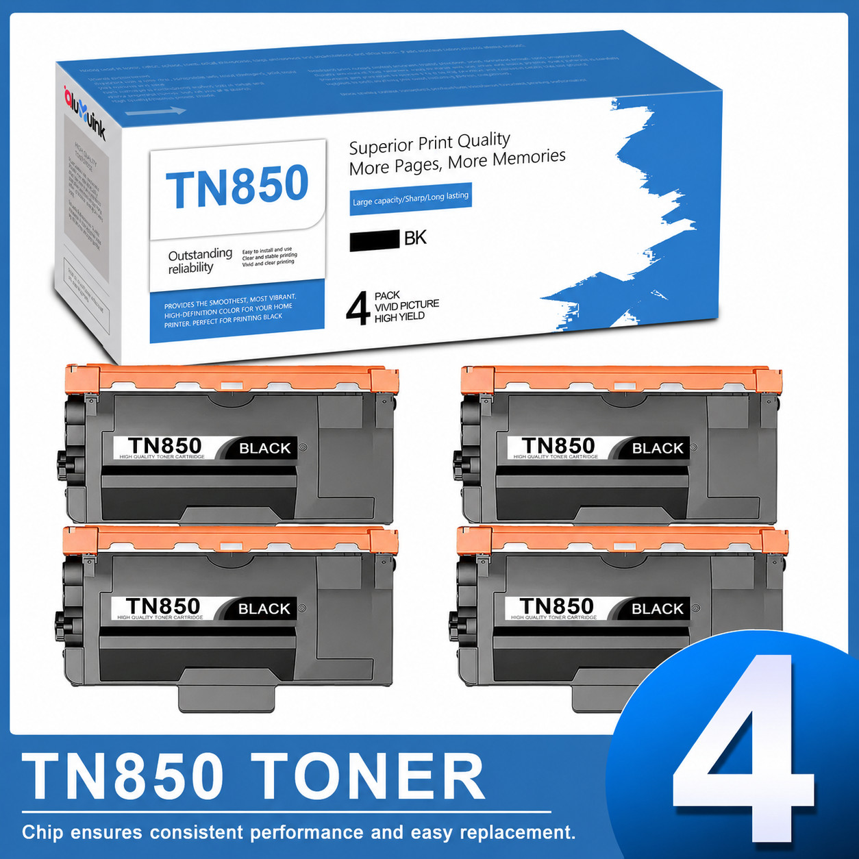 4PK TN 850 High Yield Toner Cartridge Replacement for  HL-L5200DW TN-850 TN-820