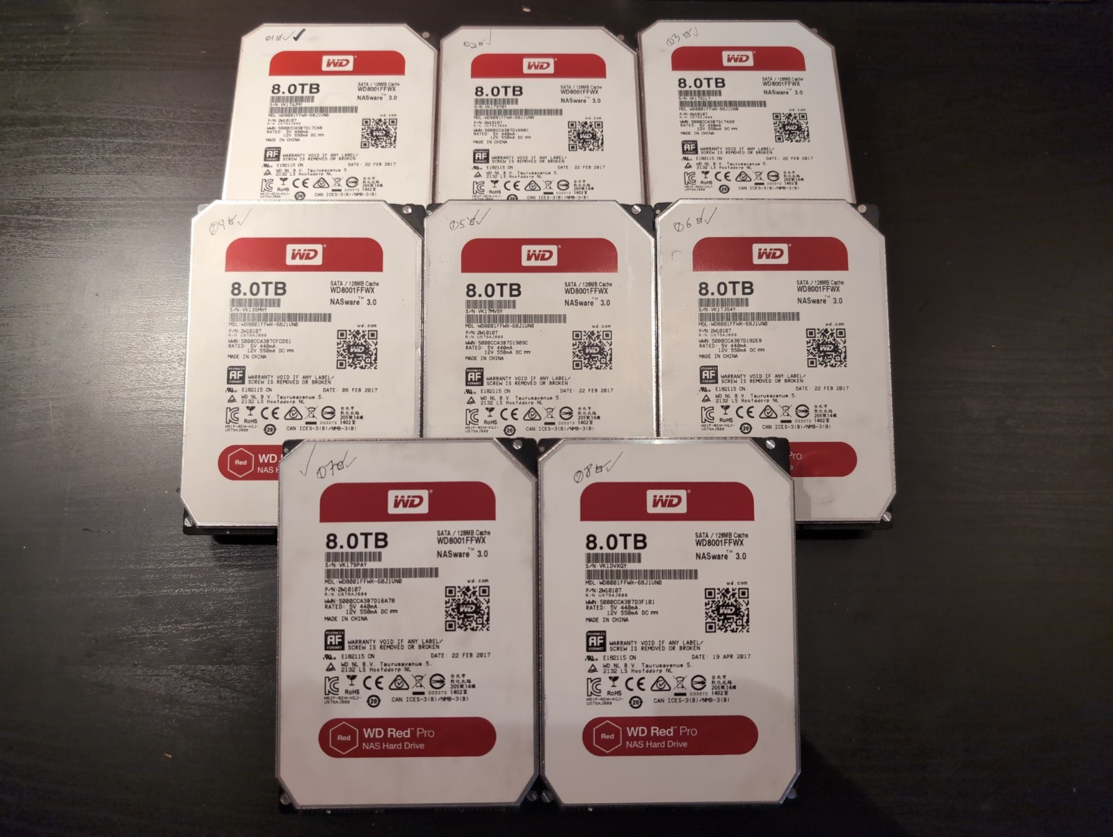 LOT OF 8 WD Red Pro NAS 8TB WD8001FFWX 3.5" SATA Drives - Tested, good health