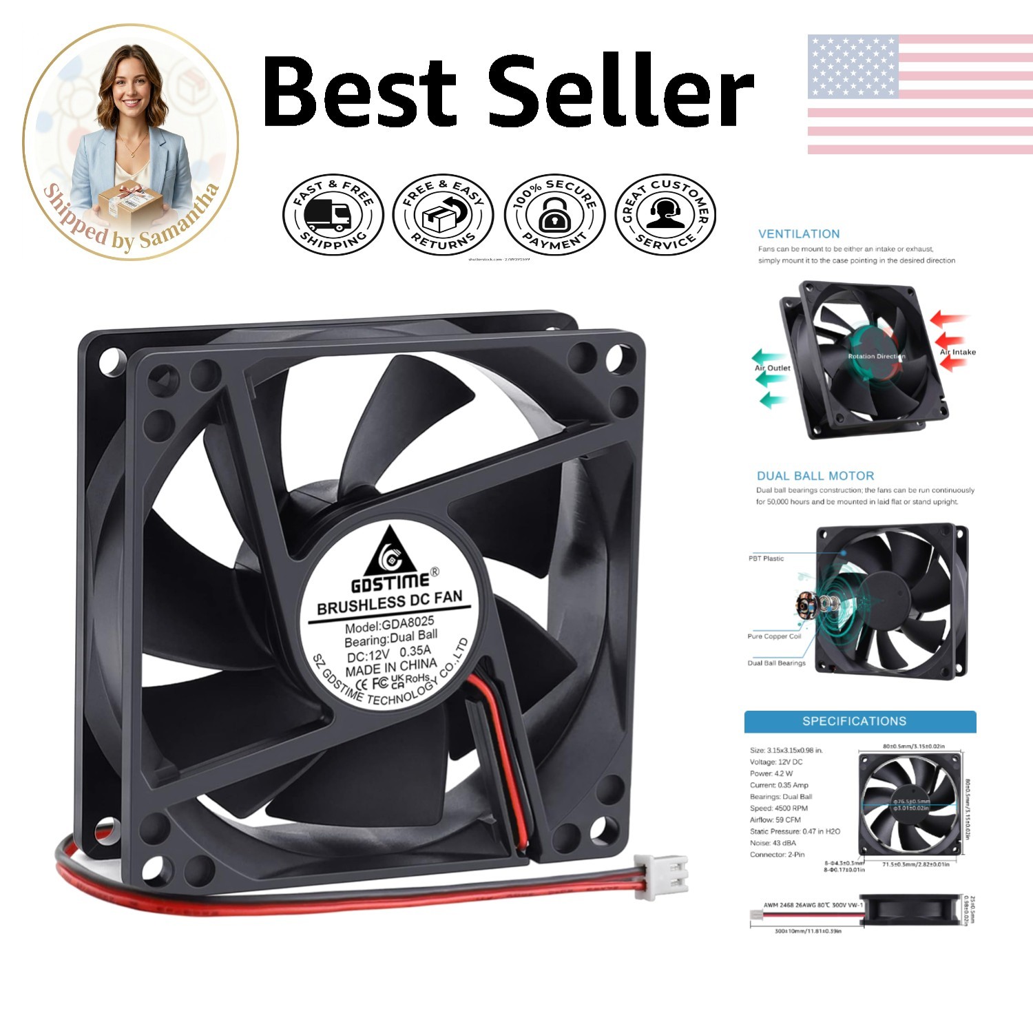 Versatile 4500RPM Cooling Fan - 12V Dual Ball Bearing Fan for Reliable Cooling