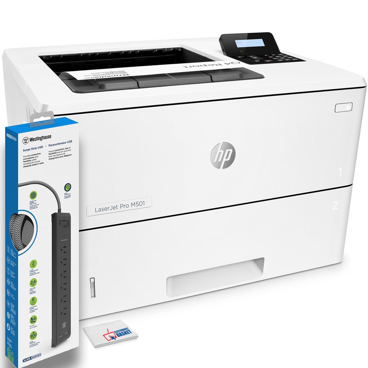 HP LaserJet Pro M501dn Monochrome Laser Printer + Power Strip Surge Protector
