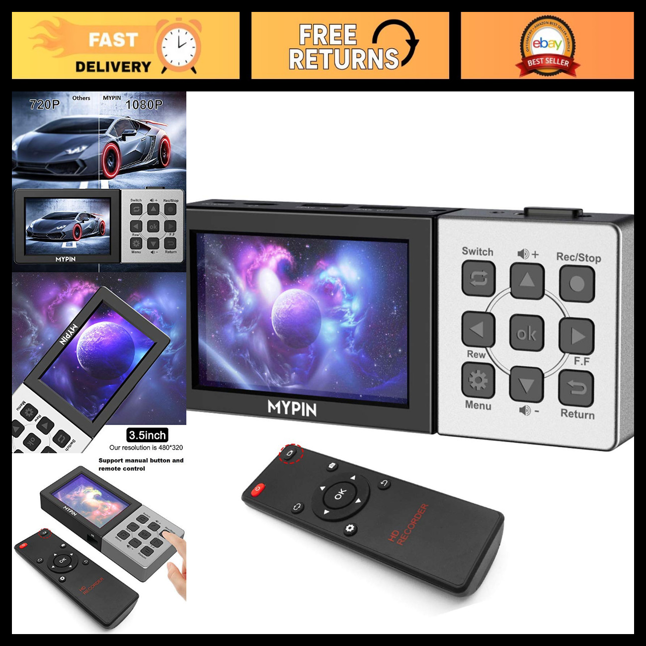 1080P 60fps HDMI Capture Card with 3.5" LCD & Remote - Video Recorder for PS4, X
