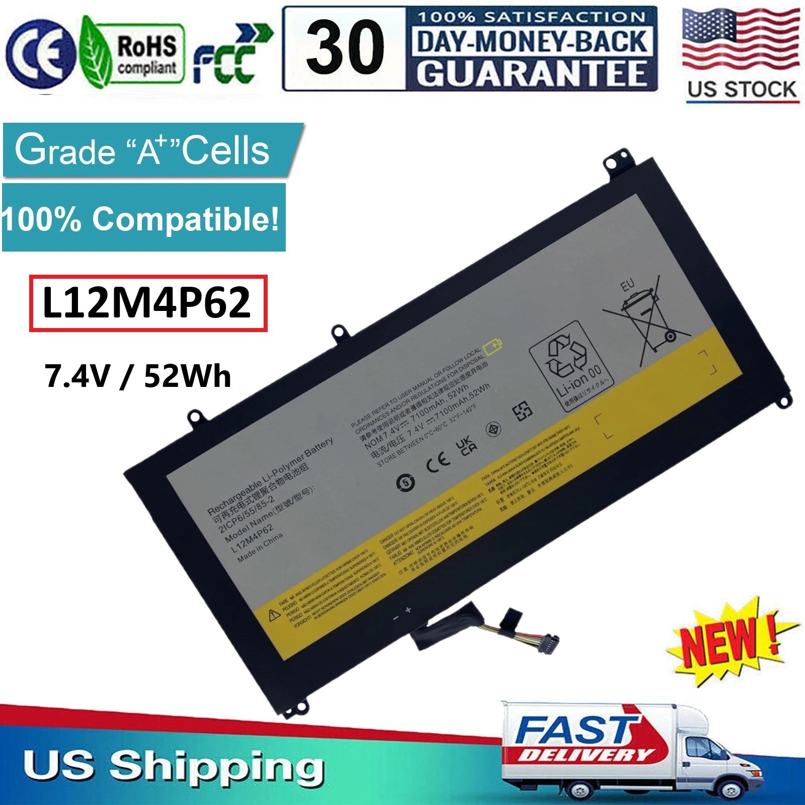 New L12M4P62 L12L4P62 Battery for Lenovo Ideapad U430 U530 U530-20289 Laptop US