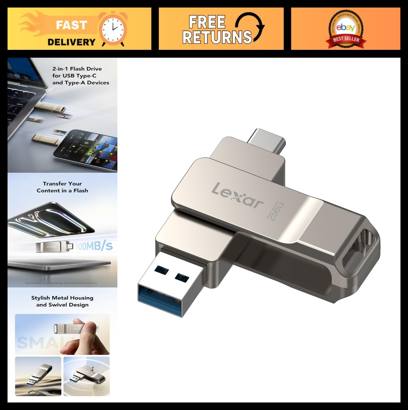 256GB Dual USB 3.2 Gen 1 Type-C Flash Drive, Champagne Silver, High-Speed Storag