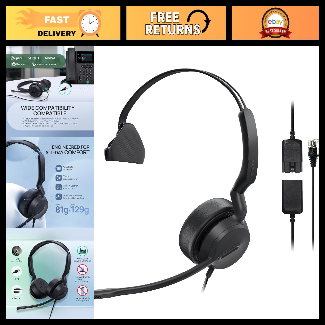 Wired Mono Headset for Office Phones, QD to RJ9, VoIP Compatible, Lightweight 81