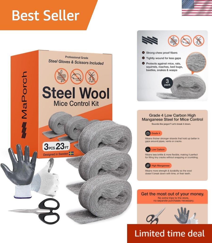 Versatile Steel Wool Rodent Barrier – 22.5ft Total, Gloves & Scissors Included