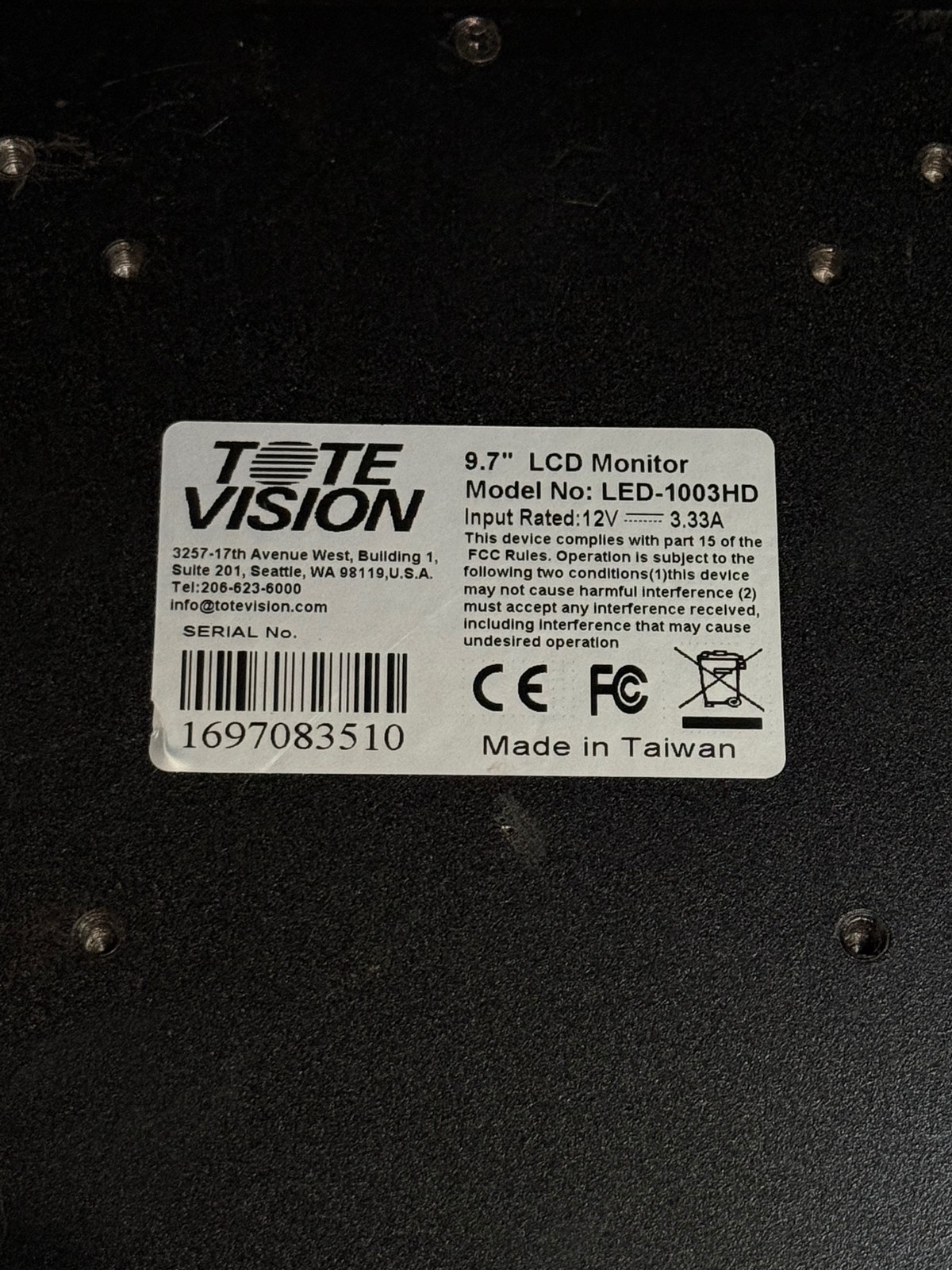 Tote Vision LCD Monitor 9.7in LED-1003HD HDMI VGA Composite AV Black Multi-Input