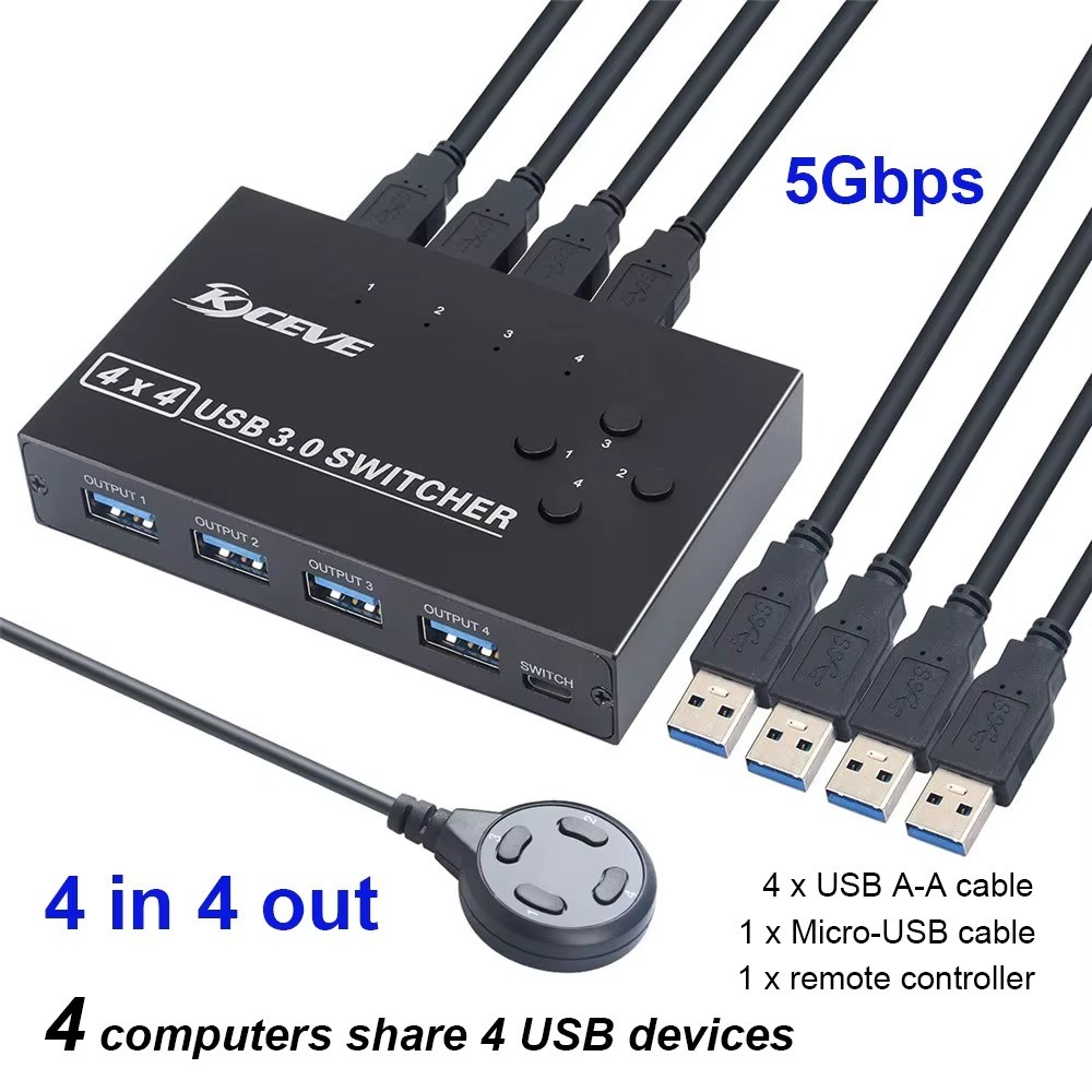 MZX 4x4 USB 3.0 KVM Switch Selector KM Switcher 4 Hosts Share 4 Devices
