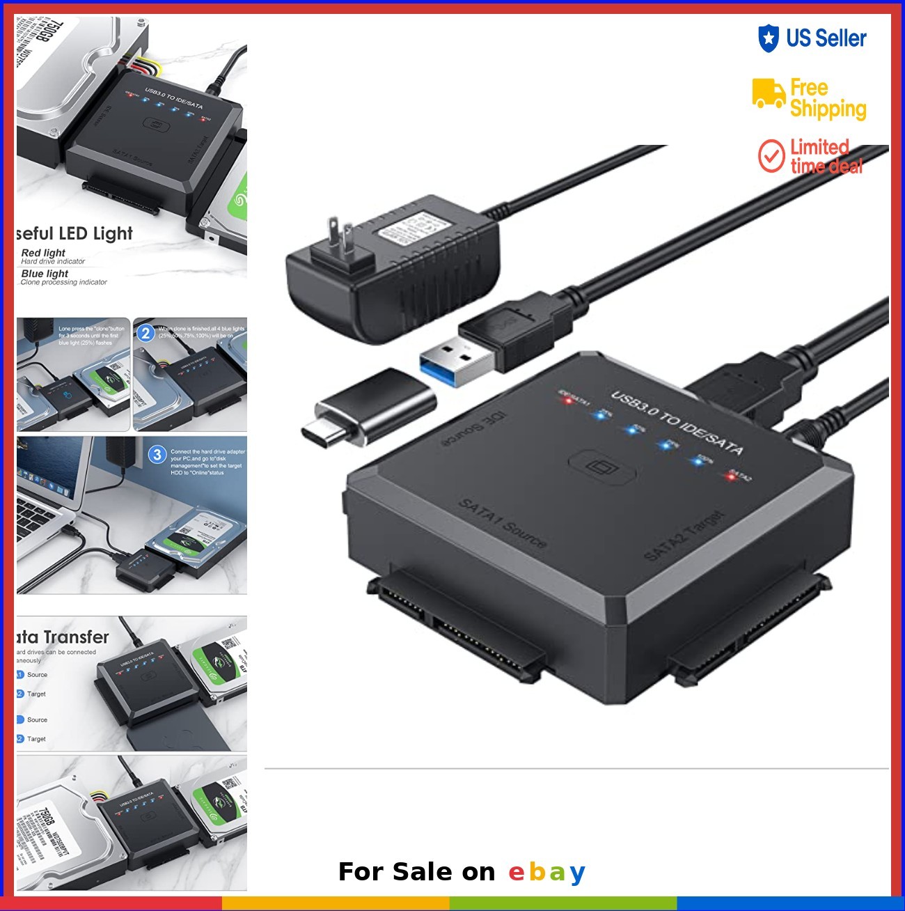 Hard Drive Reader SATA IDE USB 3.0 Adapter for 2.5 3.5 HDD SSD One Touch Clone