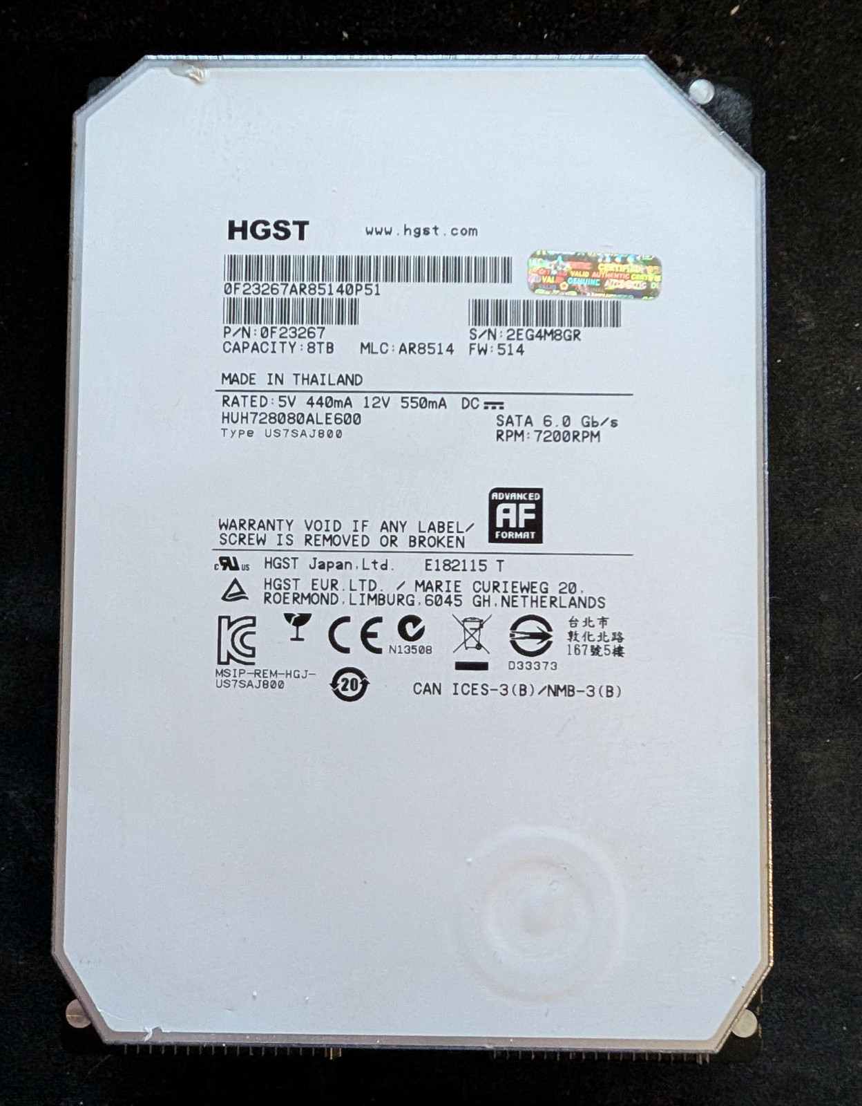 HGST Ultrastar He8 8TB SATA 7200RPM HUH728080ALE600