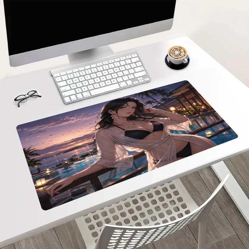 Tropical Poolside Woman Desk Mat 24x14in Large Gaming Keyboard Mouse Pad Decor