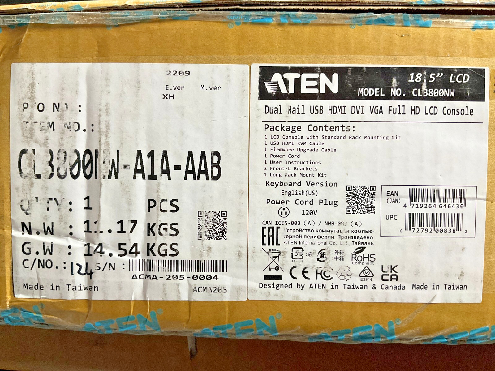 Aten RM 18.5" LCD Display CL3800NW ✅❤️️✅❤️️✅ NEW OPEN BOX ✅❤️️✅❤️️✅