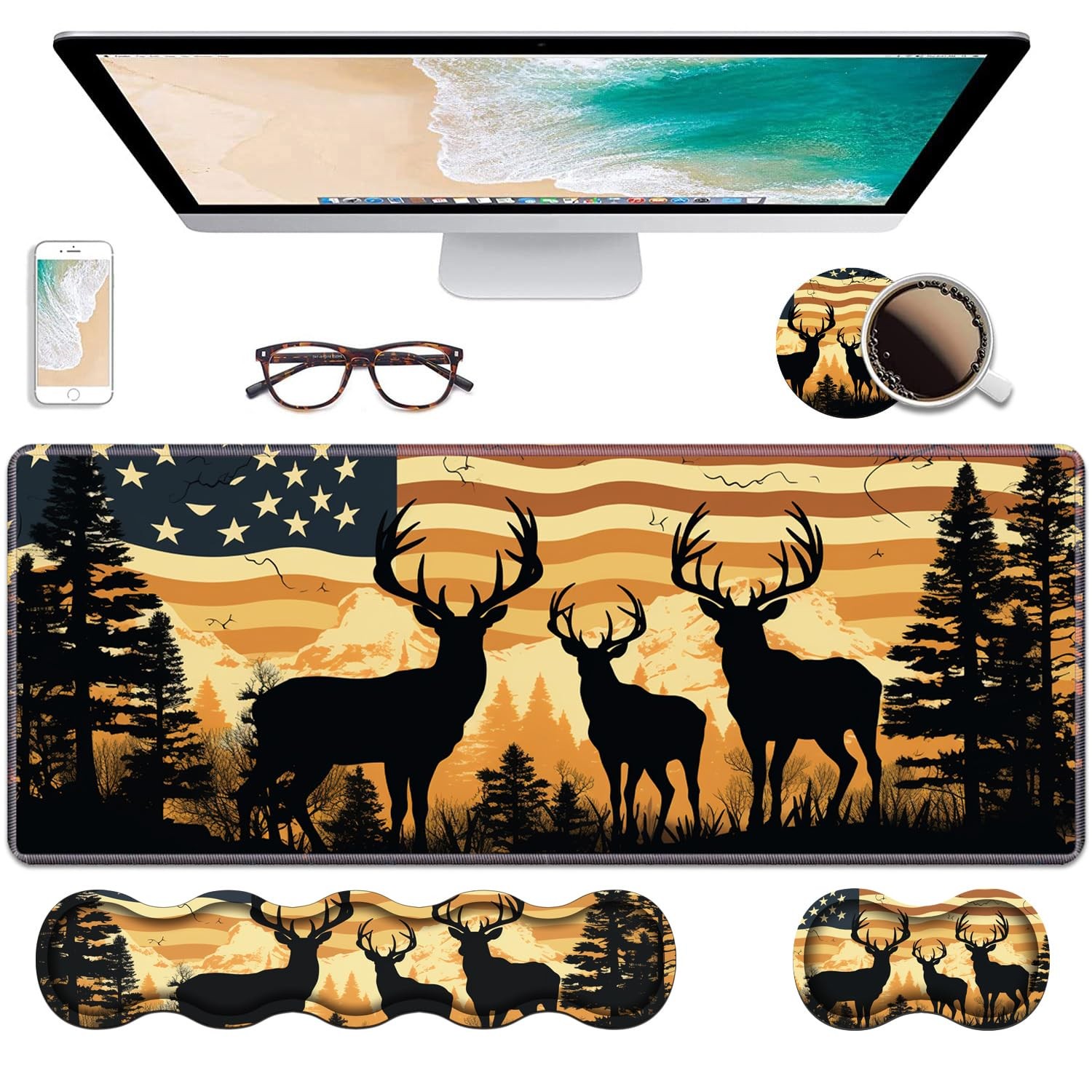 Ergonomic Keyboard Wrist Rest & Mouse Pad Large, American Flag Deer