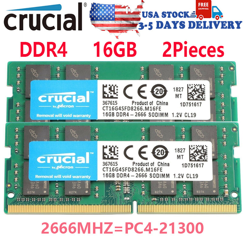 CRUCIAL DDR4 16GB 2666 MHz PC4-21300 Laptop SODIMM Notebook Memory RAM 2PCS 16GB